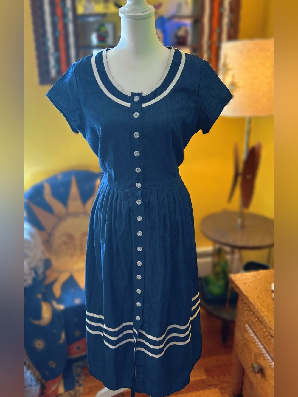 Sailor-Trim Navy Button-Front Midi Dress